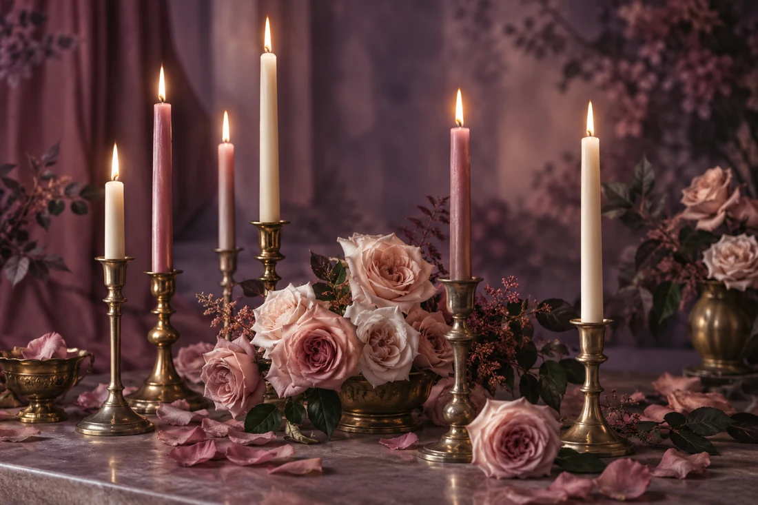 Elegant ivory and rose taper candles with blush roses