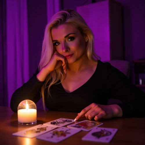 Cheryl seated with tarot cards in her candlelit reading space